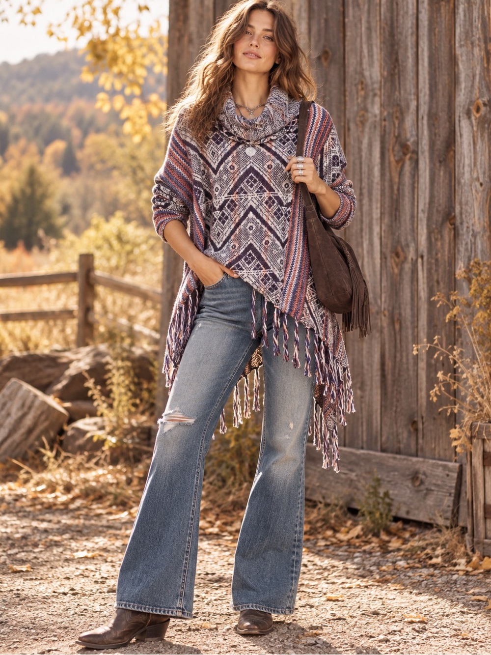 Free People Be The One Aztec Wool Fringe Poncho Western Fall